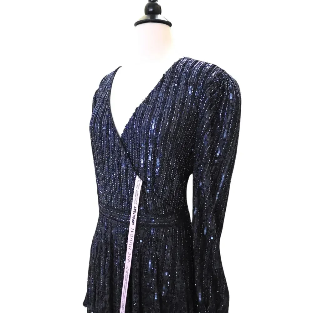 Mac Duggal 93679D Midnight Navy Blue Beaded Lace Long Sleeve Wrap Gown 18 Dress - Picture 7 of 12